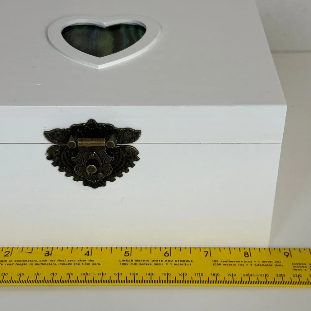 Hand-painted Wood-burned Heart White Jewelry Keepsake Box 8.5x6.5x4.5 White
